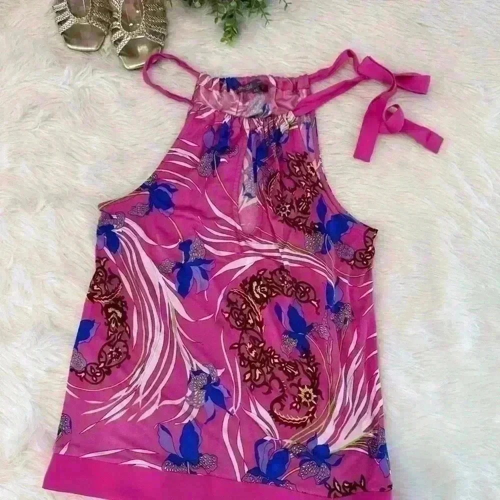 HALÉ BOB SLEEVELESS TANK SILK TIE AT NECK PINK MULTI COLOR SIZE XS - Picture 3 of 14